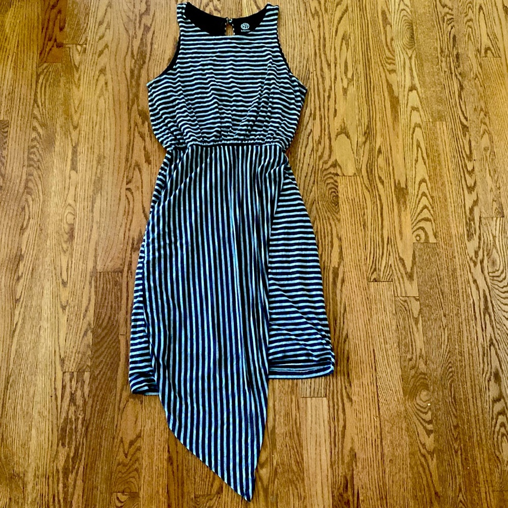 Bobeau Gray Striped Tank Dress with Assymetric Hem